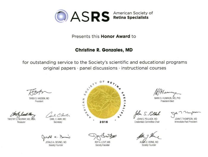 American Society of Retina Specialists Honor Award to Dr. Christine Gonzales